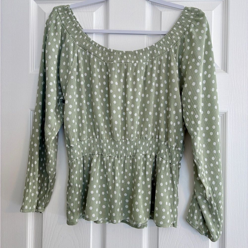 Hippie Rose Top XL Green Polka Dot Peasant  Boho Smocked Babydoll Cottagecore - Picture 2 of 11
